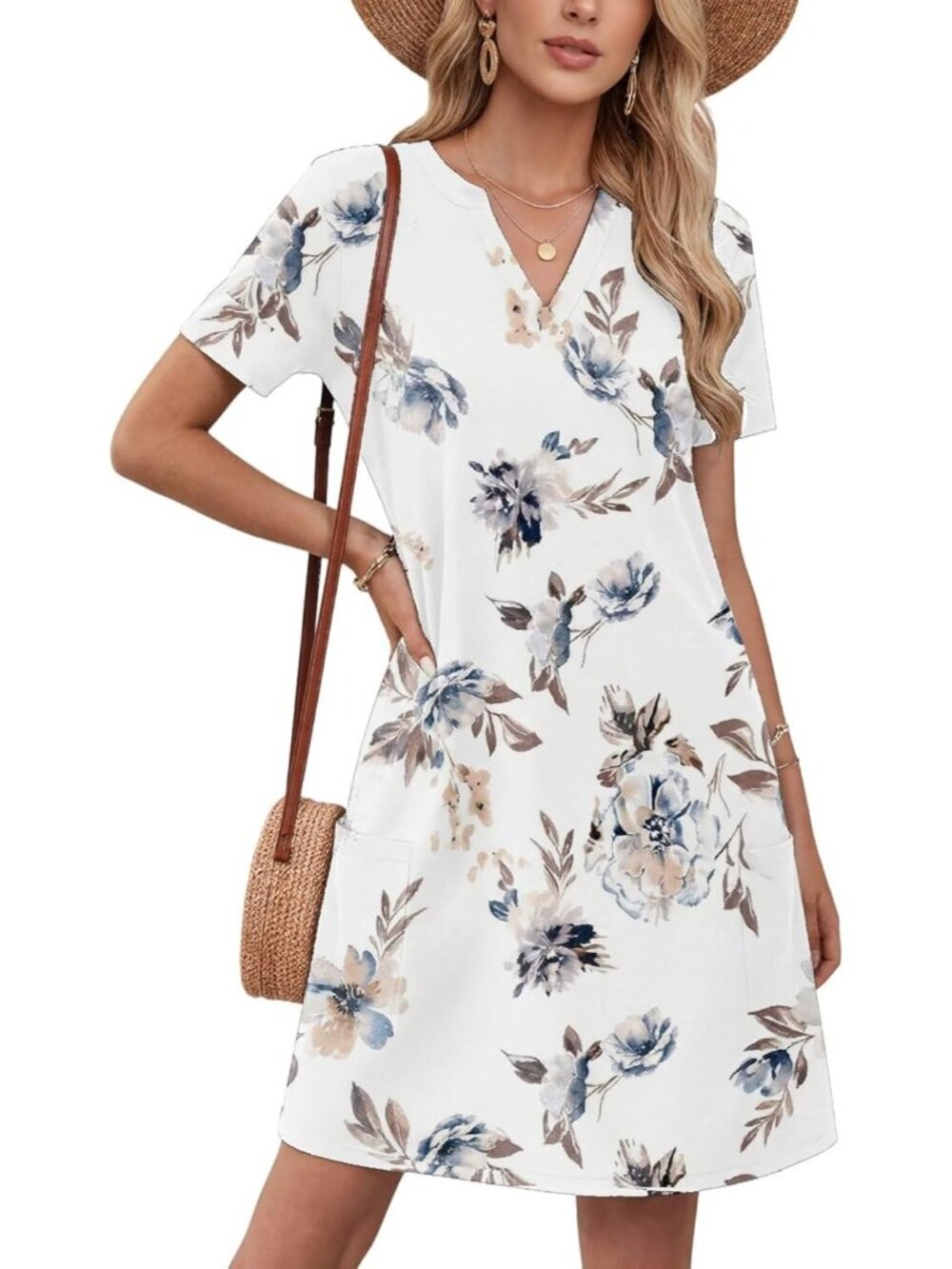 Women's Floral White Short Sleeve Casual Fashion Beach Dresses with Pockets